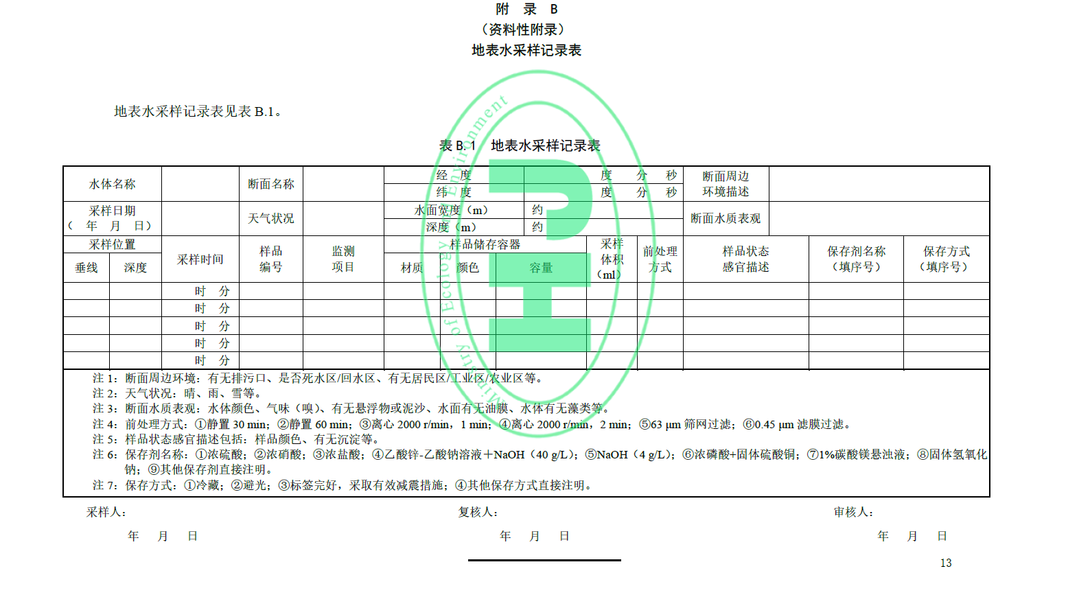 地表水环境质量技术规范附录B